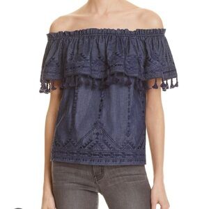 Parker “Trinidad” chambray off shoulder top. Embroidered, tassels